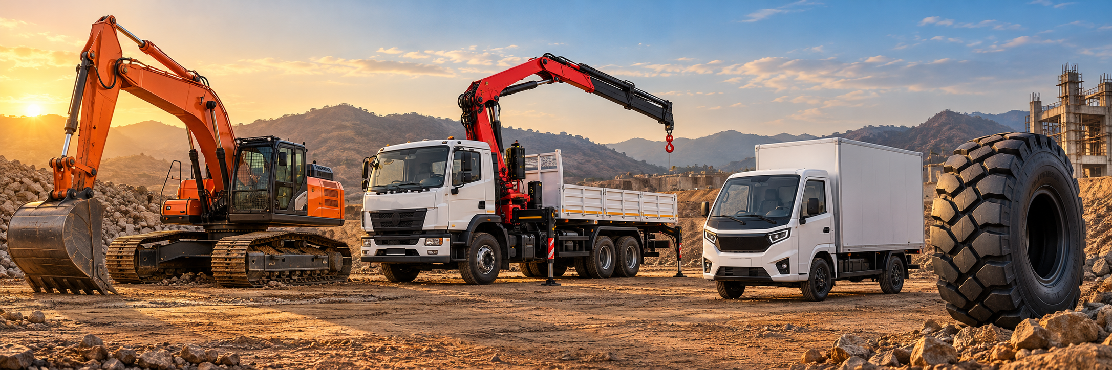 Equipment from our authorized brands: Tata Hitachi excavator, PALFINGER crane truck, Montra Electric vehicle and Ascenso tyre